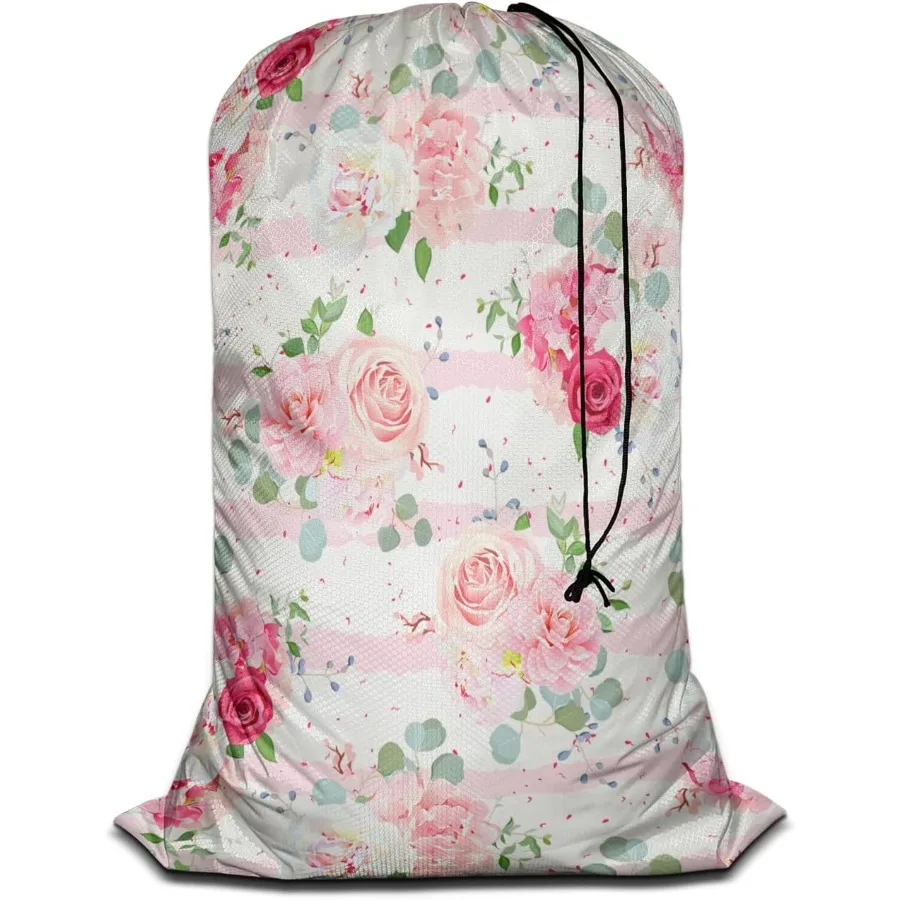 Pink Rose Dining Toy Storage Heavy Duty Basket Laundry Bag with Drawstring Romantic White Peony Bouquets Folding Organizer for