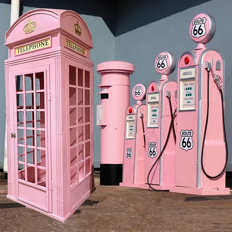 Retro British Telephone Booth Post Box Pink Set Iron Road Signs Signs Instafamous Store Decoration Decoration Props