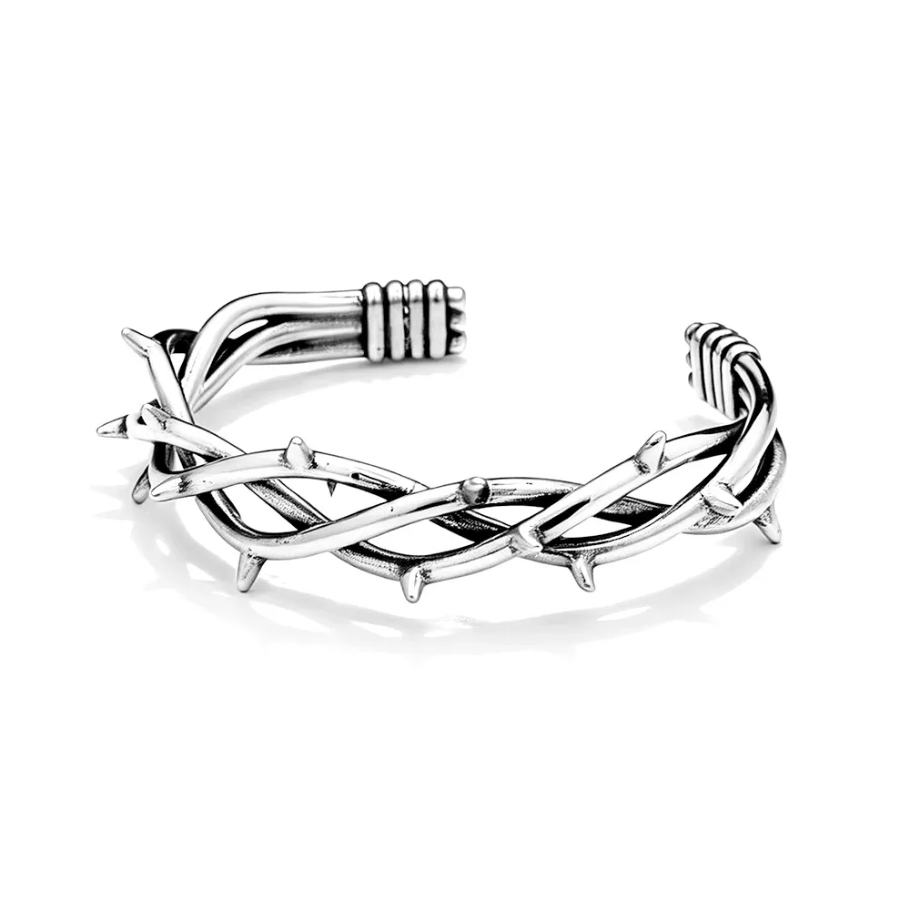 Edelstahl Dornenkrone Gedrehter Offener Armreif Vintage Religiöser Jesus Dornen-Armreif Herren Gothic Casual Feiertagsschmuck Geschenk – Detail 1