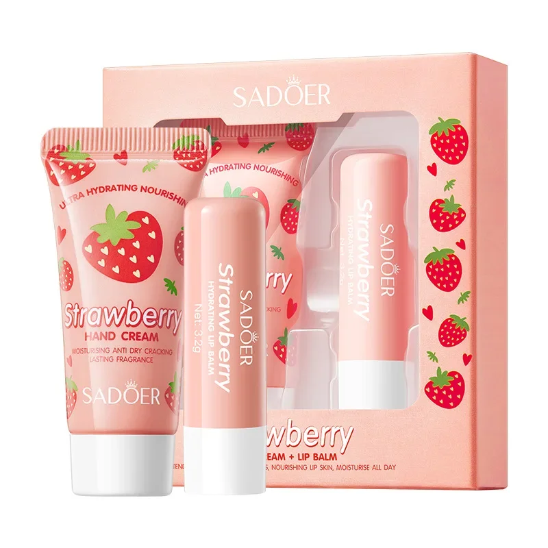 Crema nutritiva de fresa para manos, bálsamo labial, juegos de cuidado de la piel, hidratante, labios regordetes, lápiz labial de frutas, labios regordetes, cuidado de la piel de las manos