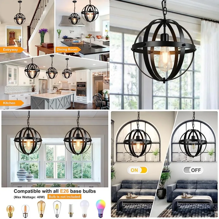 DLLT Vintage Globe Pendant Hanging Light, Matte Black, 1-Light, E26 Base, Ideal for Dining Room, Kitchen Island, Living Room, H