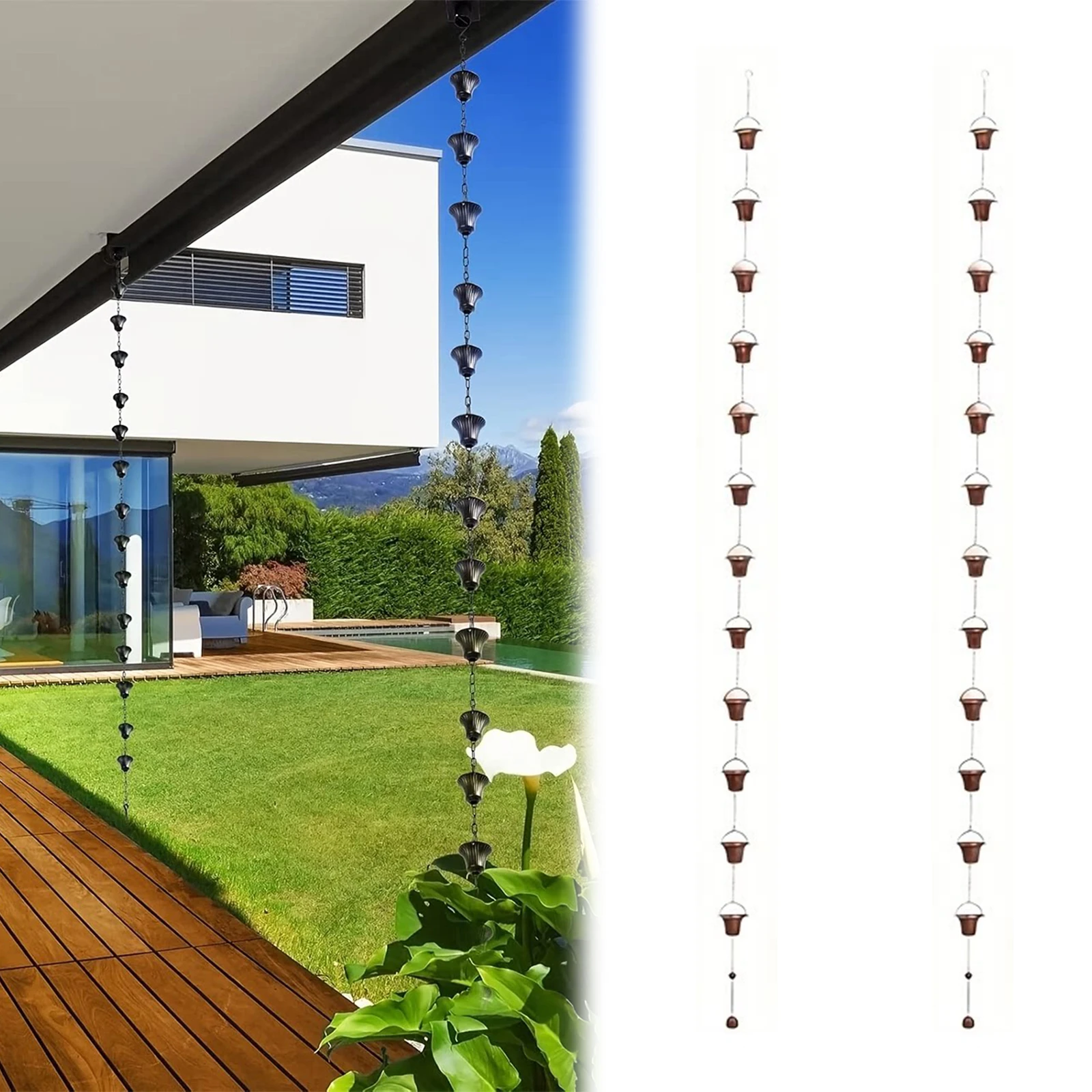 3.8M 12 Flower Cups Gutter Chain Adjustable Petal Shaped Rainchains with Bell for Replacement Downspout Gutters Eaves Drainage