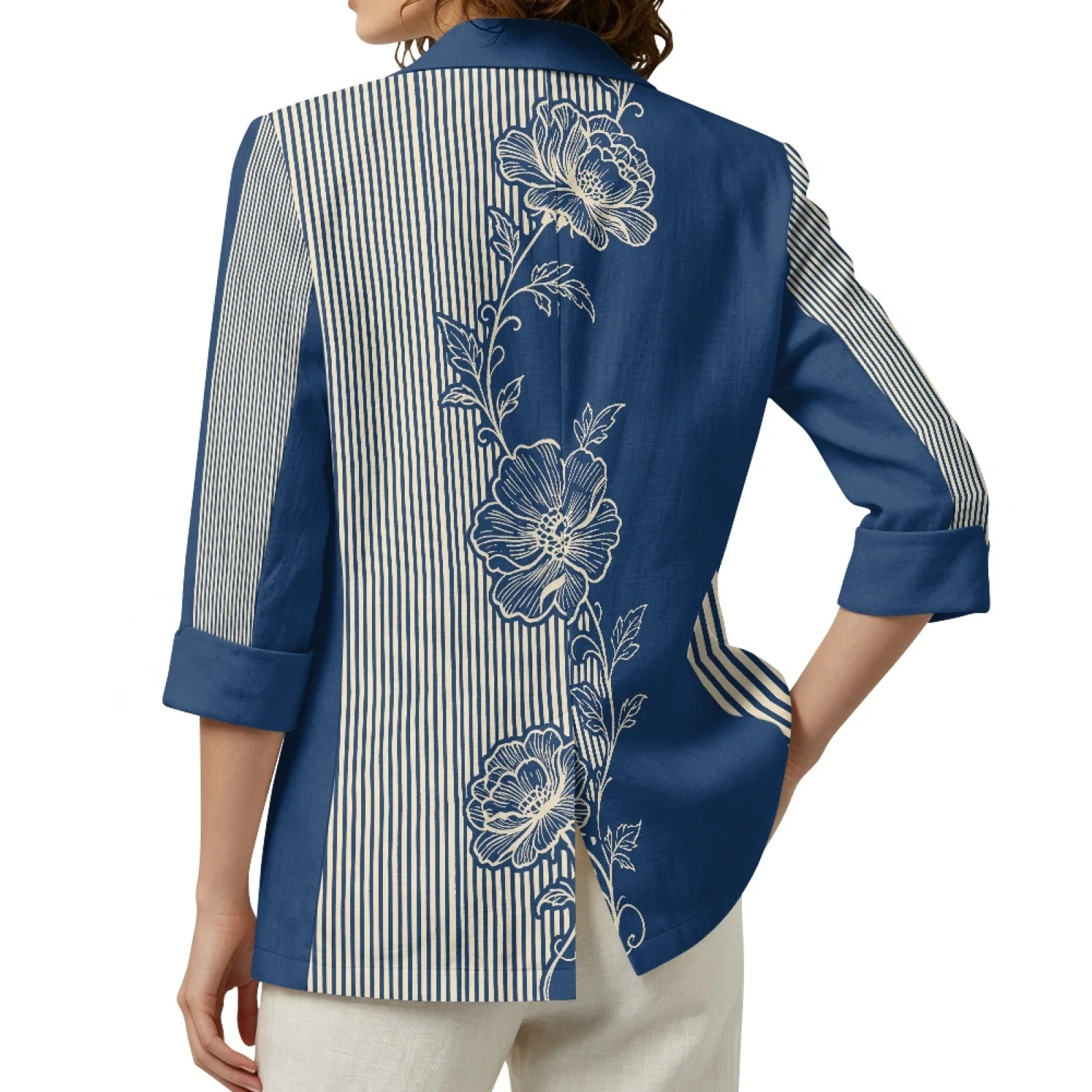 PENSTROLL 3/4 Sleeve Linen Like Beach Cover Ups Lightweight Open Front Top for Home Stripe Floral