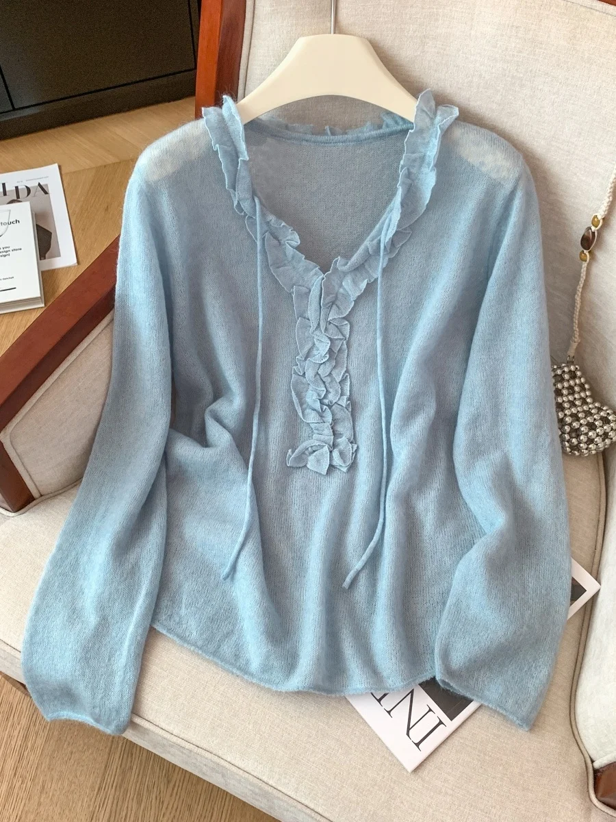 

Autumn Winter New Sle Soft Long Sve Knitted Sweater Women's Loose Fit Cotton Casual Wear Wooden Ruffle Knitwear