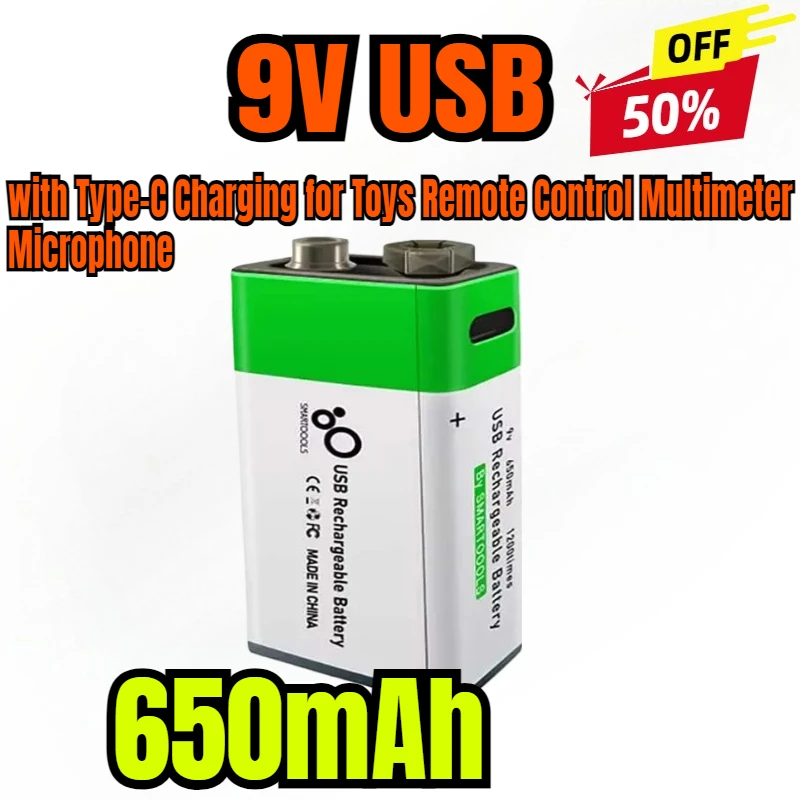 

9V USB Rechargeable Li-Ion Battery 650mAh 1.5h Rapid Recharge with Type-C Charging for Toys Remote Control Multimeter Microphone