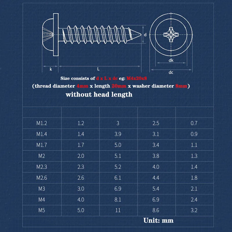 100/50/30/20/10pcs Mini M1.4 M1.7 M2 M2.3 M3 M4 M5 304 Stainless Steel Phillips Cross Round Head With Washer Self Tapping Screw