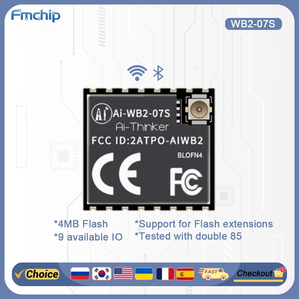 

FMchip WiFi Bluetooth BLE Combo Module Ai-WB2-07S - UART Serial Transparent Transmission for IoT Smart Home ESP32