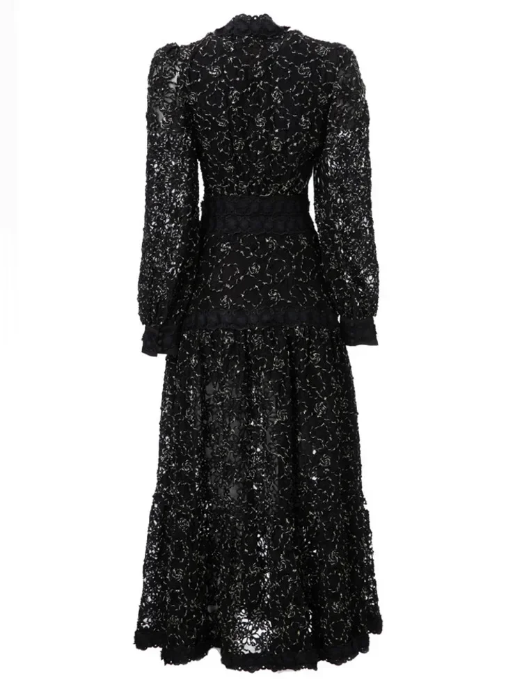 

IEQJ Hollow Out Embroidery Spliced Lantern Long Sleeve Black Big Swing Dresses For Women Lace Party Evening Dress 2023 Spring