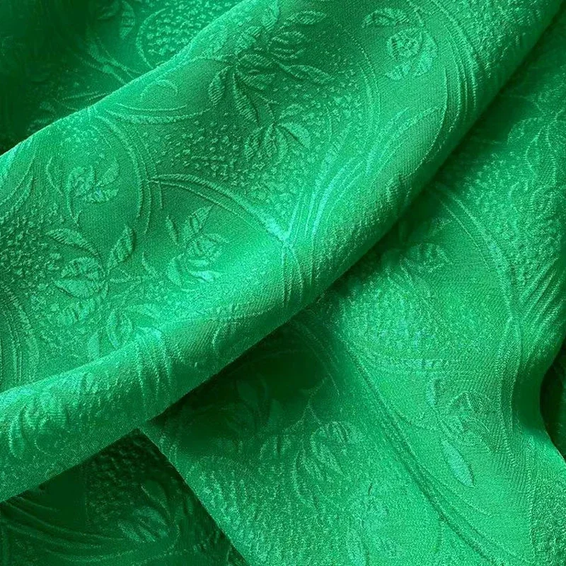 114CM Wide 17MM Jacquard White Green Silk Crepe Fabric for Spring Autumn Dress Jacket X014