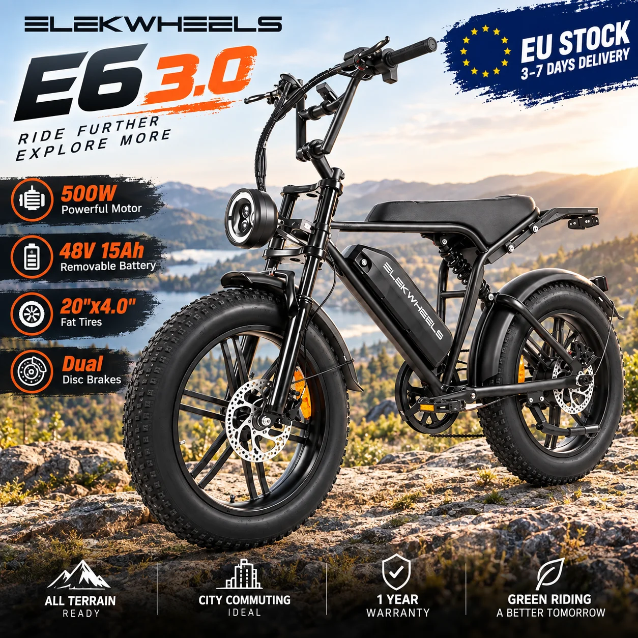 Ultima ELEKWHEELS E6 3.0 Bicicletta elettrica su tutti i terreni, motore da 500 W, batteria da 48 V 15 Ah, pneumatici larghi 20*4,0, sospensione completa, adatta per uso urbano e rurale
