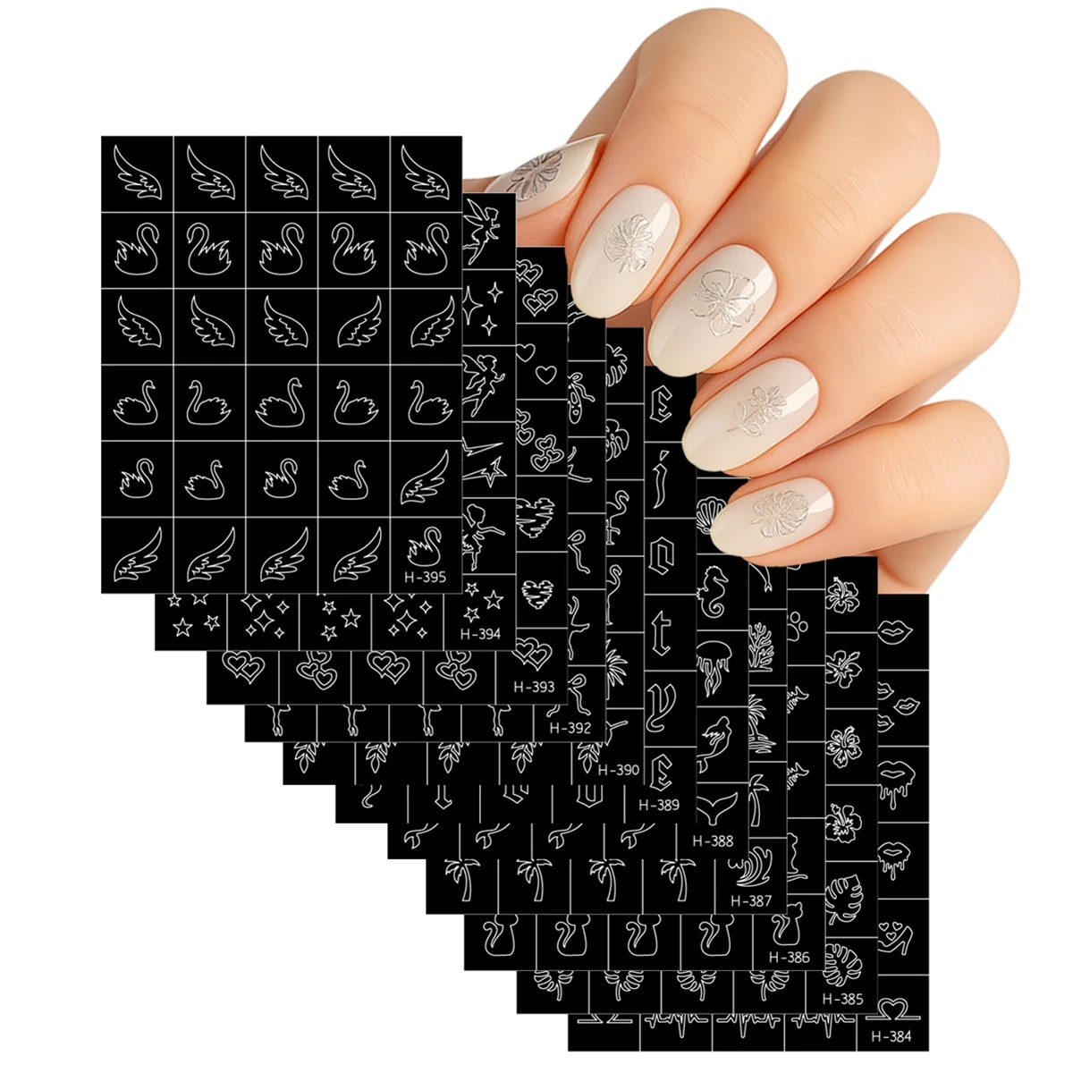 3 TO 55 Sheets Stencil Classic Nail Art Stickers Black Base Swan Wing Heart Flower Letter Design Decals DIY Manicure