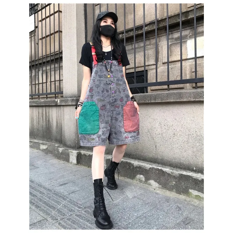 European Personalized Printed Denim Suspenders for Women Summer Flesh-covering Workwear One-piece Wide-leg Trousers