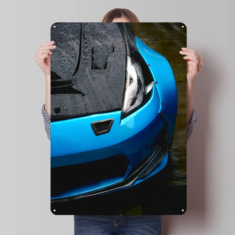 Blue Sports Car Close-Up Tinplate Signs Car Poster Wall Art Mural Custom Metal Sign for Wall Art Decoration Vintage Metal Plate