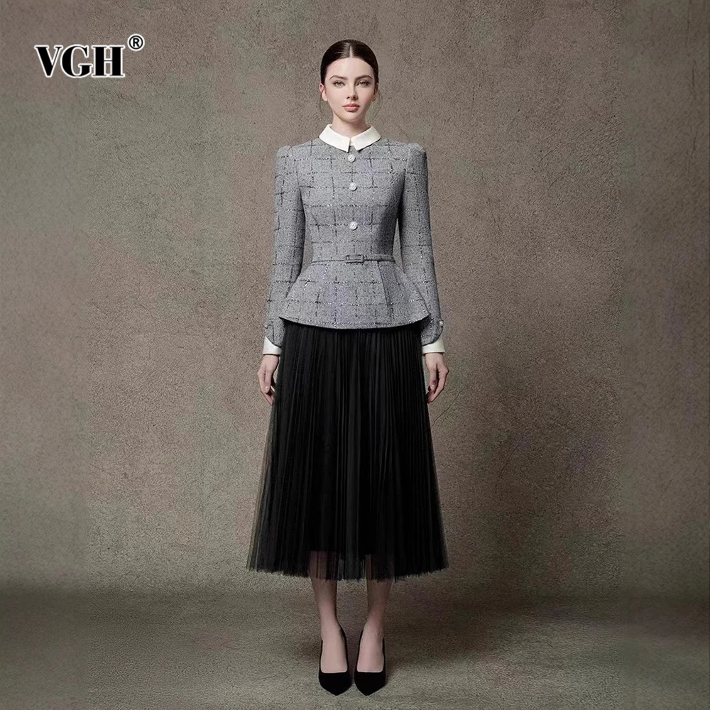 

VGH Элегантные винтажные утягивающие комплекты из двух предметов для женщин, топ с длинными рукавами и лацканами, шифоновая юбка с высокой талией, шикарный комплект, женская мода, новинка