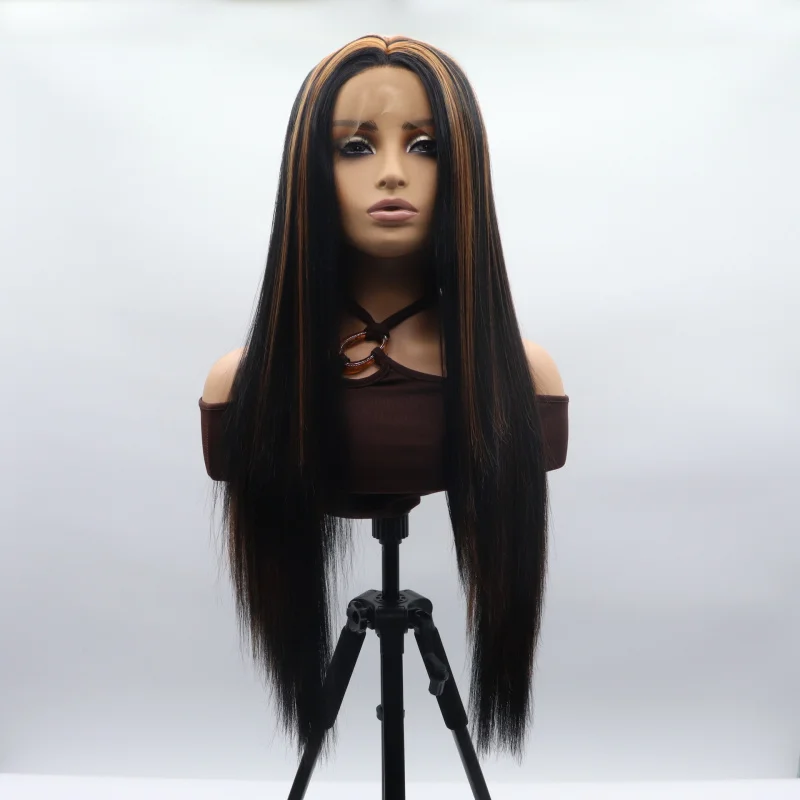

Hand-crafted lace front wig for women with highlights, middle parting, black long straight hair, European and American synthetic