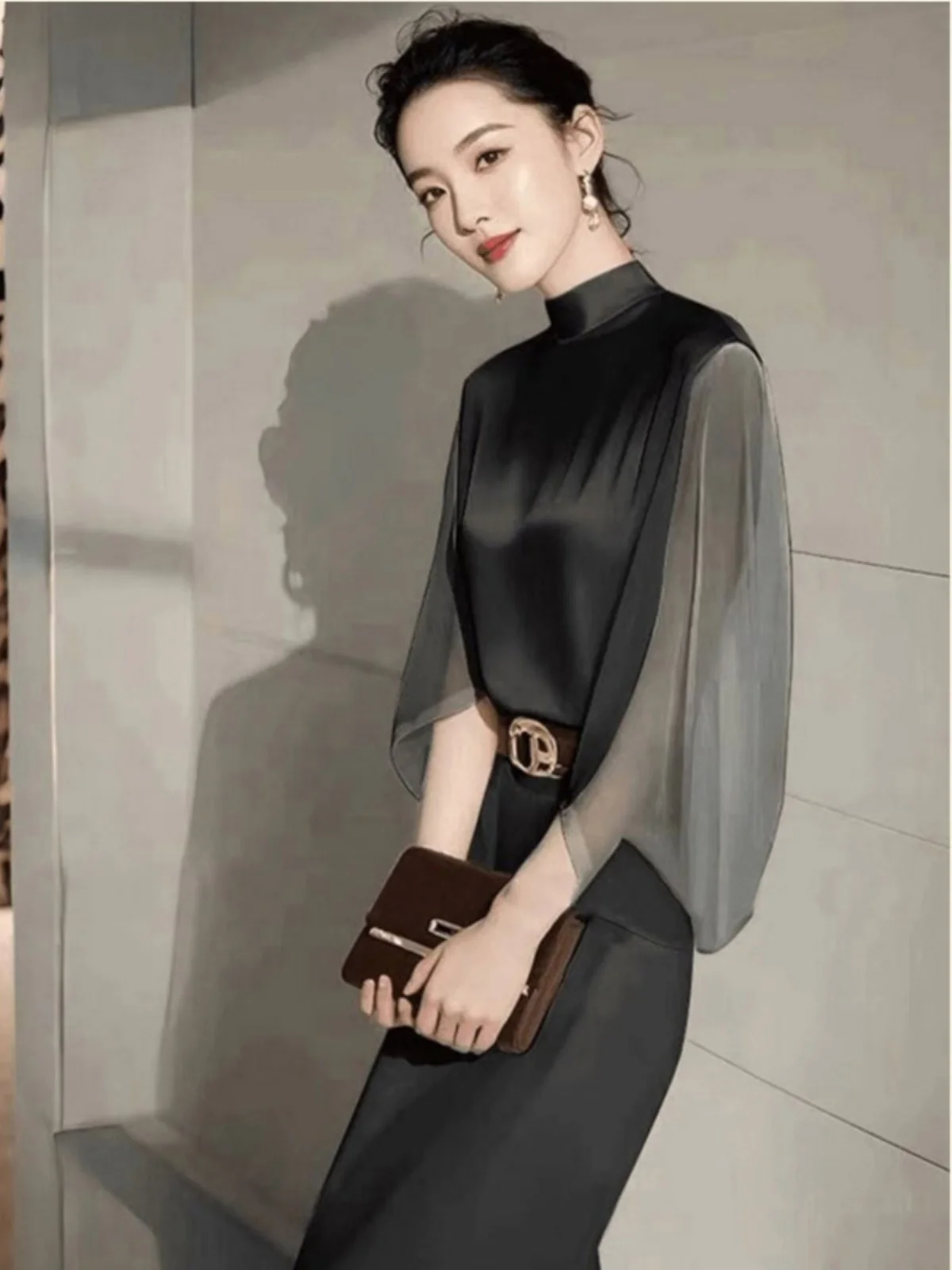 

Elegant Black Top Skirt Set High-End Feeling Spring Fashion Ladylike Personality plus Size Women's Clothing Ensemble