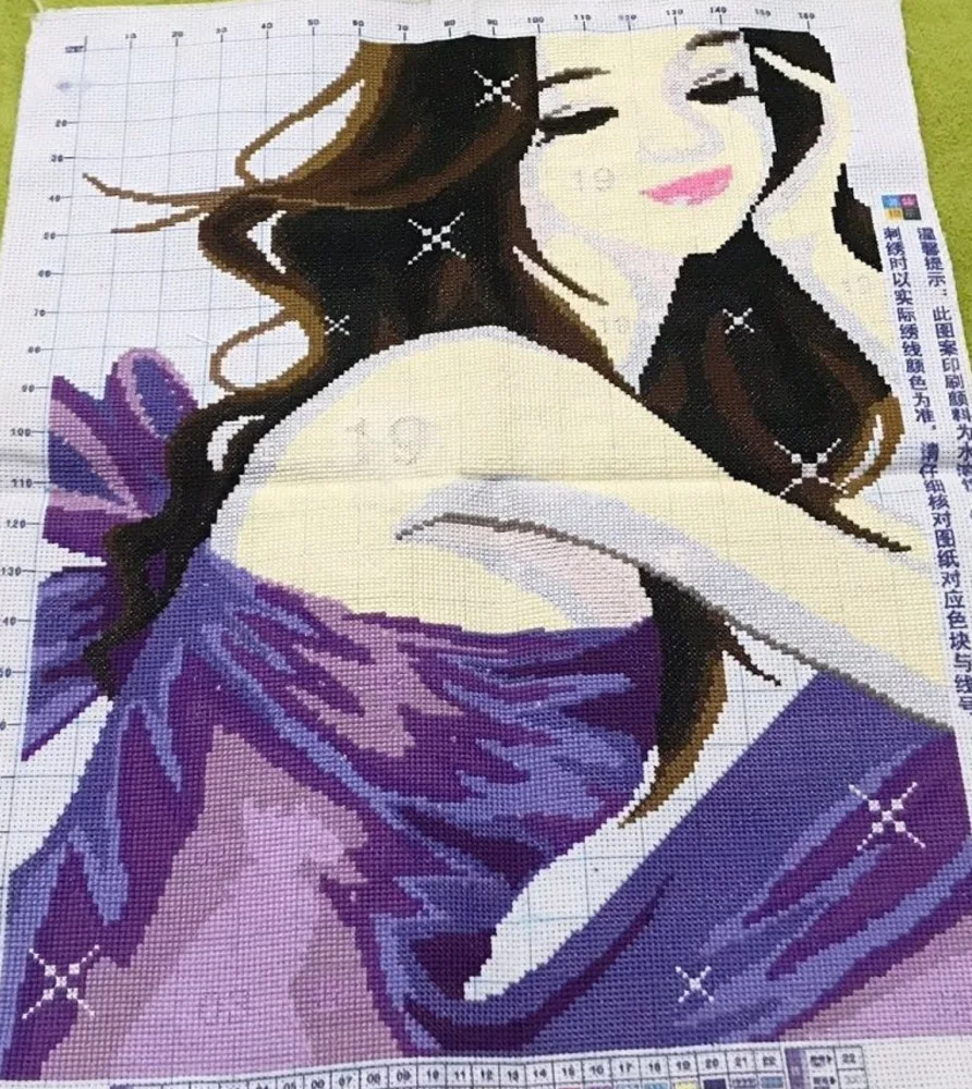 Finished handmade cross stitch, exquisite girl with purple charm, 45 * 55 cm