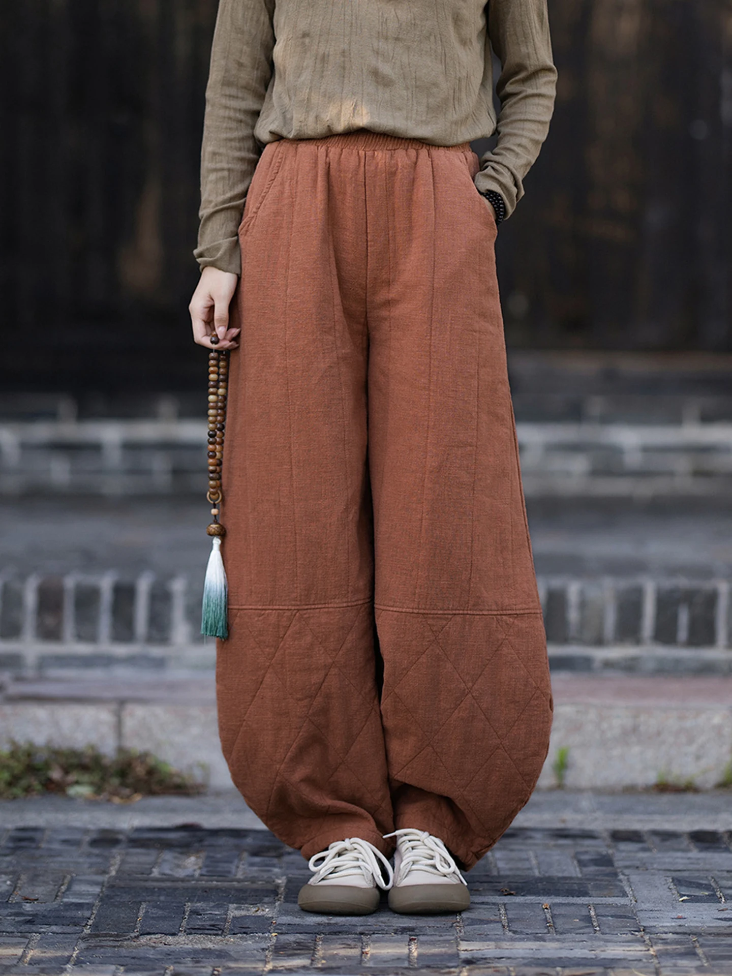New Chinese Style Thickened Cotton Linen Lantern Pants Women's Autumn Winter Tai Chi Outerwear Trousers Warm Comfortable Leisure