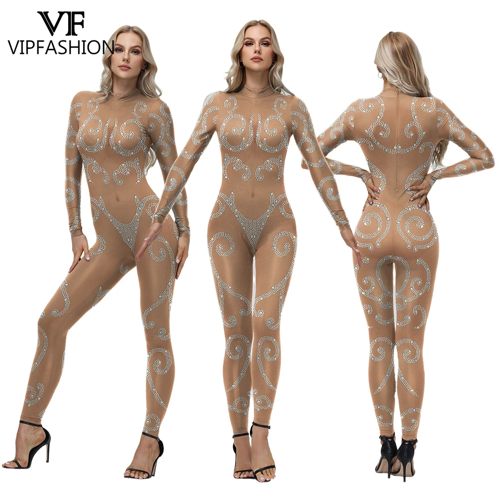 

VIP FASHION Women 3D Crystal Diamond Skin Print Bodysuit Show Party Jumpsuit Halloween Cosplay Costume Festival Zentai Catsuit