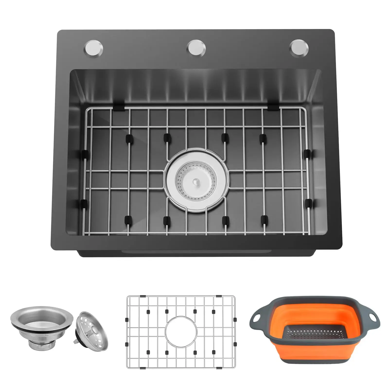 

Black 19.7x15.7 Inch Stainless Steel Drop In Single Bowl Kitchen Bar Sink With Grid Colander And Drain