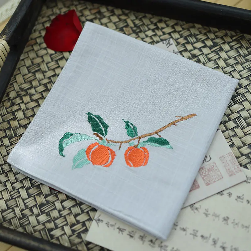 Chinese Style Hanfu Persimmon Embroidery Cotton Square Handkerchief Absorbent Sweat Portable Pocket Towel 8 Colors For Daily Use