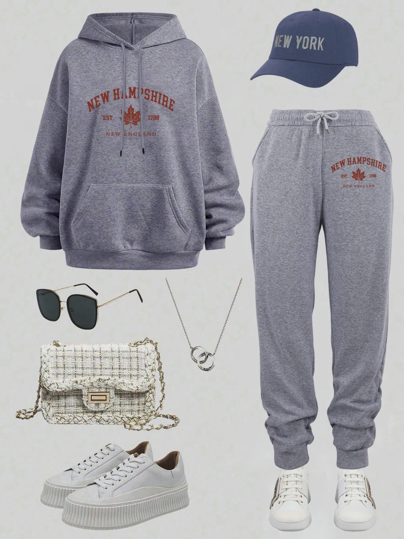 뉴햄프셔 뉴잉글랜드 패턴 여성용 따뜻한 스웨트셔츠 스포츠 플리스 후디 세트 포켓 루즈 팬츠 기본 가을 스웨트팬츠 세트