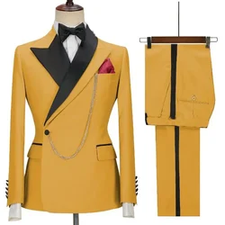 Terno casual fino masculino com um botão, blazer e calça, amarelo, de negócios, de casamento, noivo, design mais recente, elegante, masculino, novo