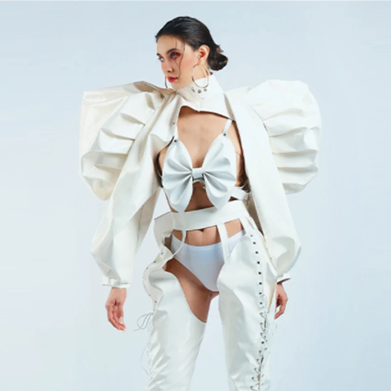 White Pu Leather Butterfly Spine Outfit Futuristic Clothing Gogo Dancer Costumes DJ Ds Rave Outfit Drag Queen Cltohes VDB5565