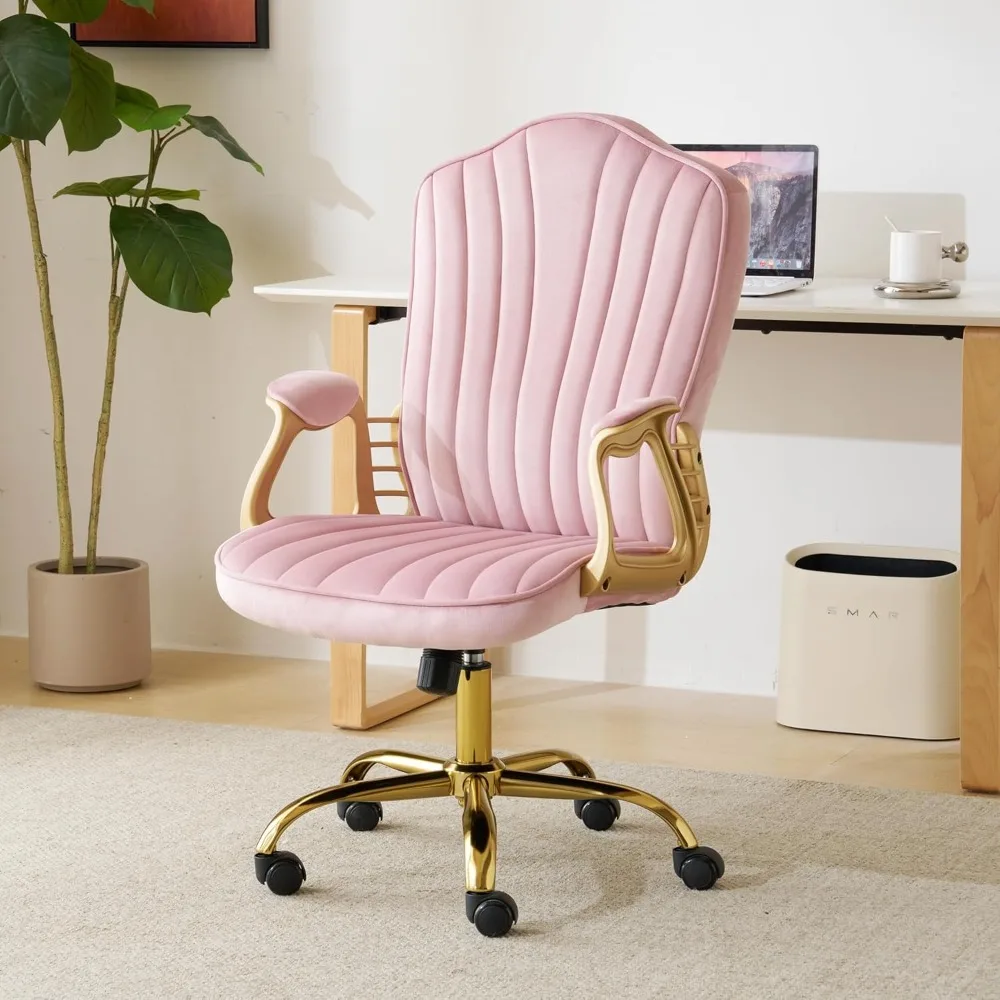 Velvet Home Office Chair with Gold Arms and Legs, Comfortable Upholstered Tufted