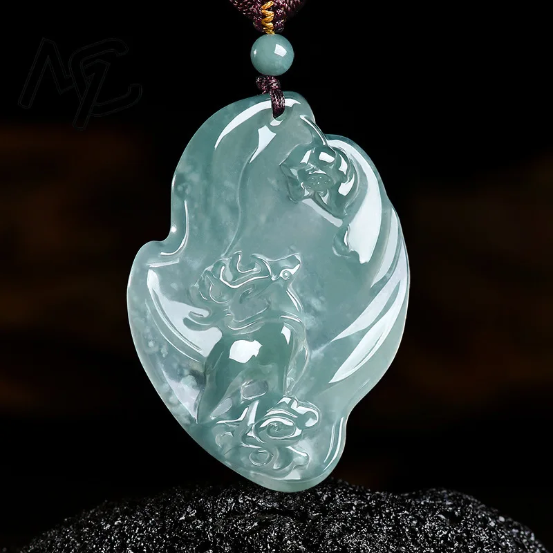 Real Natural Emerald Jade Blue Water Sika Deer Pendant Necklace Carved Charm Jadeite Jewelry Fashion Amulet Gifts Certificate