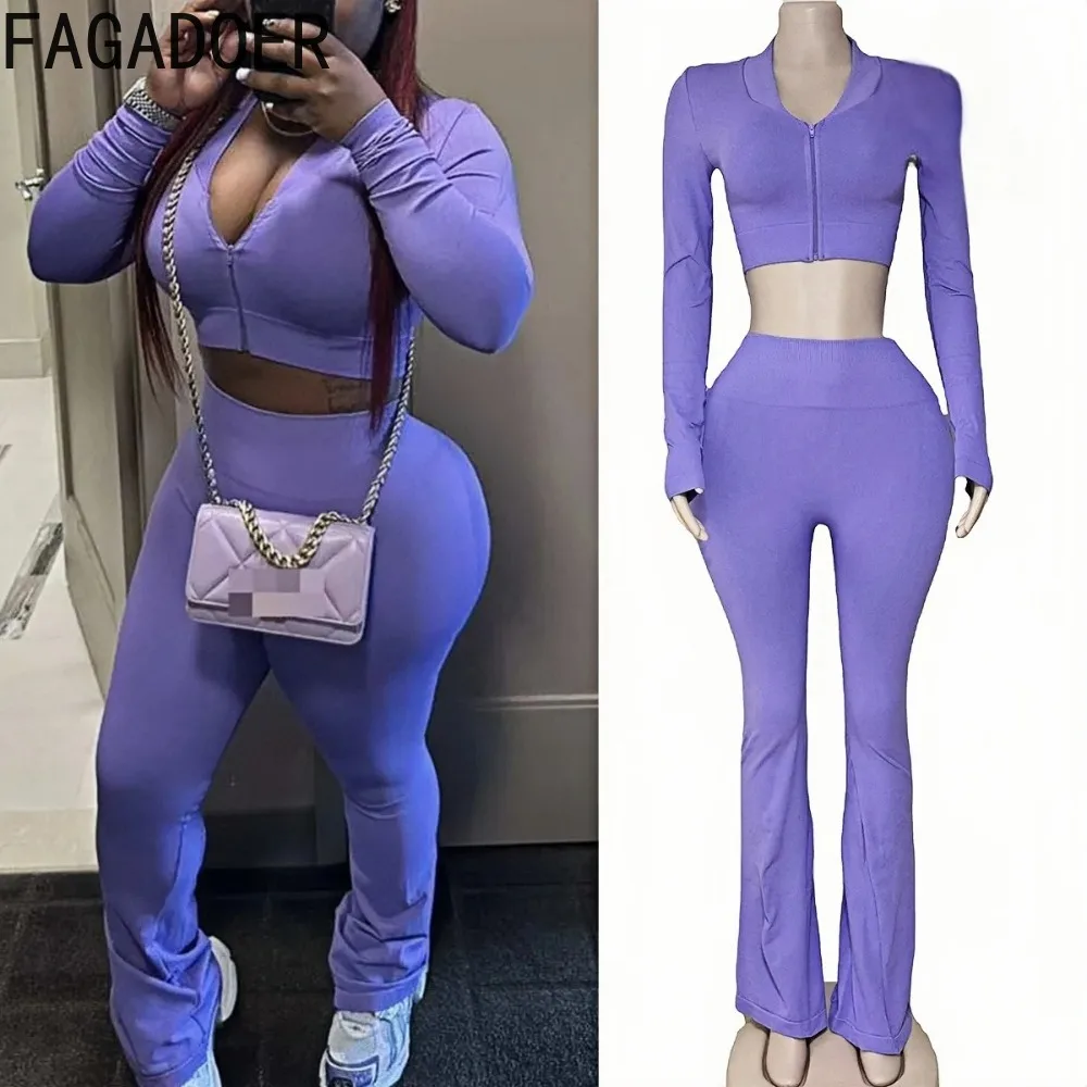 FAGADOER Autumn New Quality 2 Piece Sets Outfit Women Long Sleeve Zip Crop Top + High Waist Flare Pants Suit Sporty Streetwear