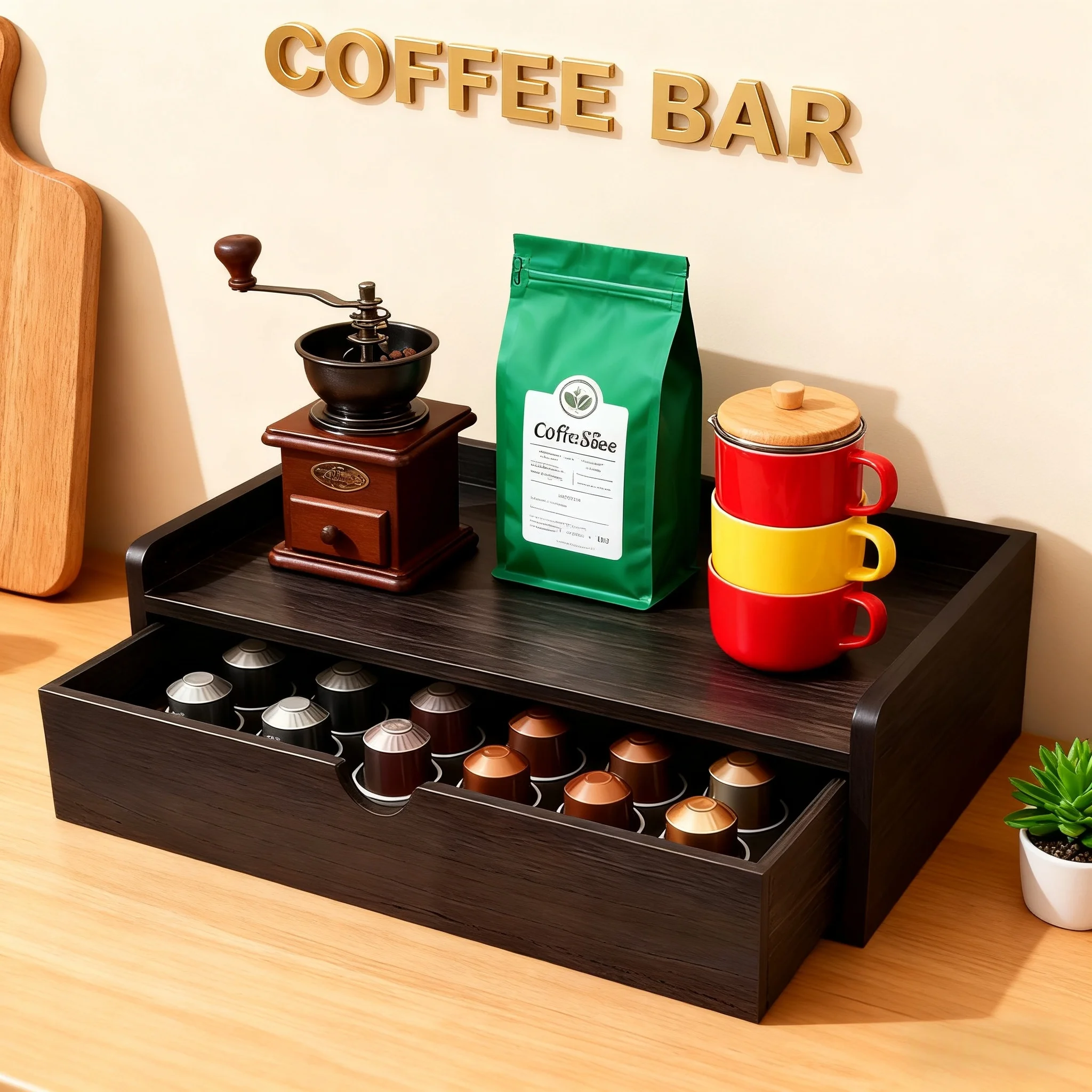 idukコーヒーバーオーガナイザー素朴な木製多用途茶葉・調味料収納ホルダー収納ラック（デスク、オフィス、キッチン、カフェ、カップ用）
