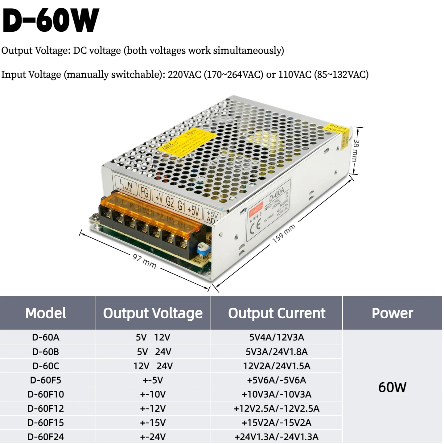 Dual Output Switching Power Supply 30W 50W 60W 75W 120W AC to DC Converter 5V 12V 24V ±5V ±12V ±15V ±24V LED Driver Industrial