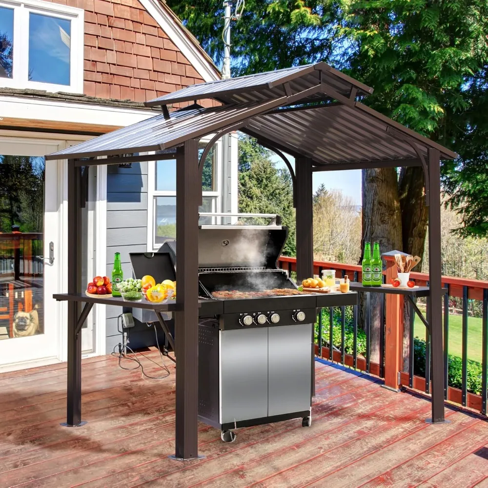 8 x 5 ft hardtop BBQ gazebo, all-weather outdoor gazebo with 2 side frames and ceiling hooks, galvanized steel double roof