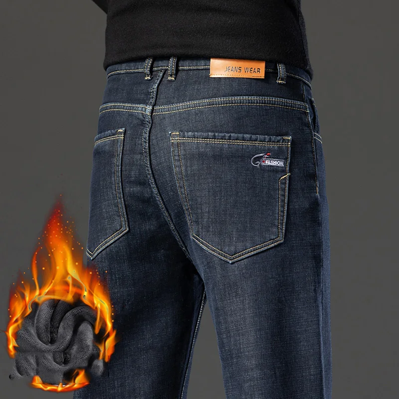 

Новинка 2025 года, зимние мужские свободные прямые брюки, хлопковые прямые флисовые мужские брендовые джинсовые брюки, модные теплые плюшевые толстые джинсы