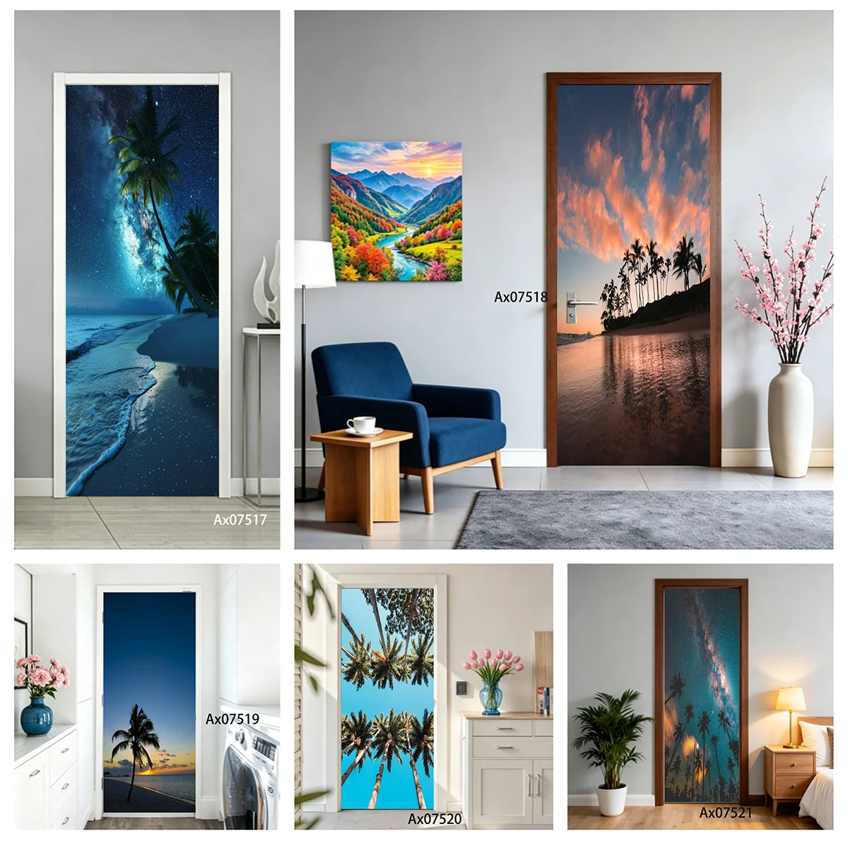 Tropical Sunset Star Palm Silhouette Door Sticker Self Adhesive Gradient Seaside Door Mural for Wall Decals Home Decoration