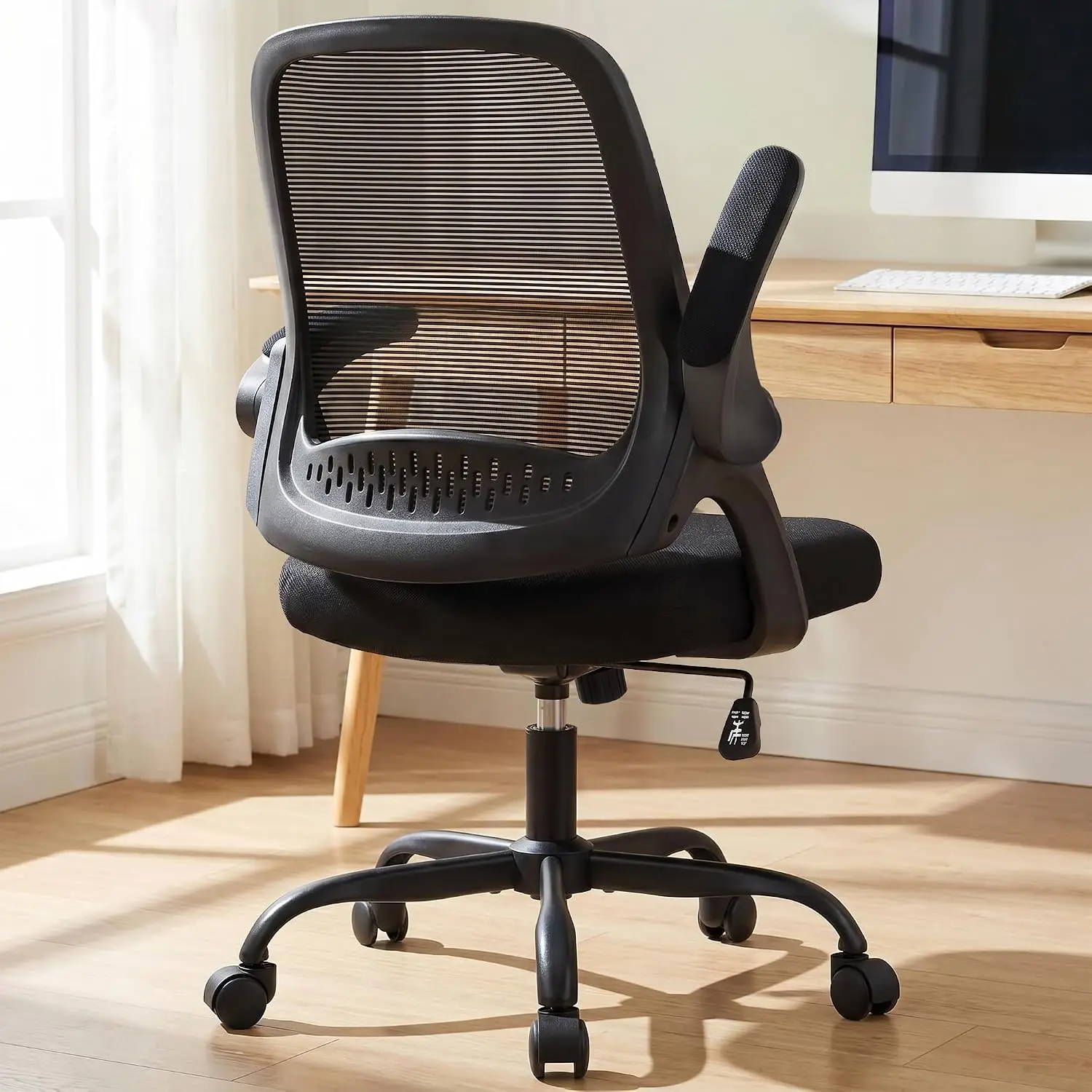 Office Computer Chair Ergonomic Mesh Back Flip-Up Arms, Black | Lumbar Support, Smooth-Rolling Casters, Height Adjustable Seat, Comfortable Seating for Office, Study and Computer Work