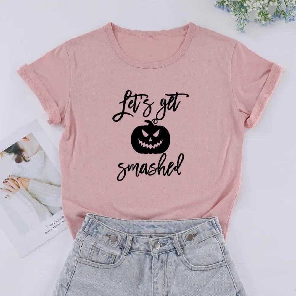 Let's Get Smashed Halloween Tshirt Funny Graphic Women T-shirt Short Sleeve Top Tees Cotton O Neck Shirts