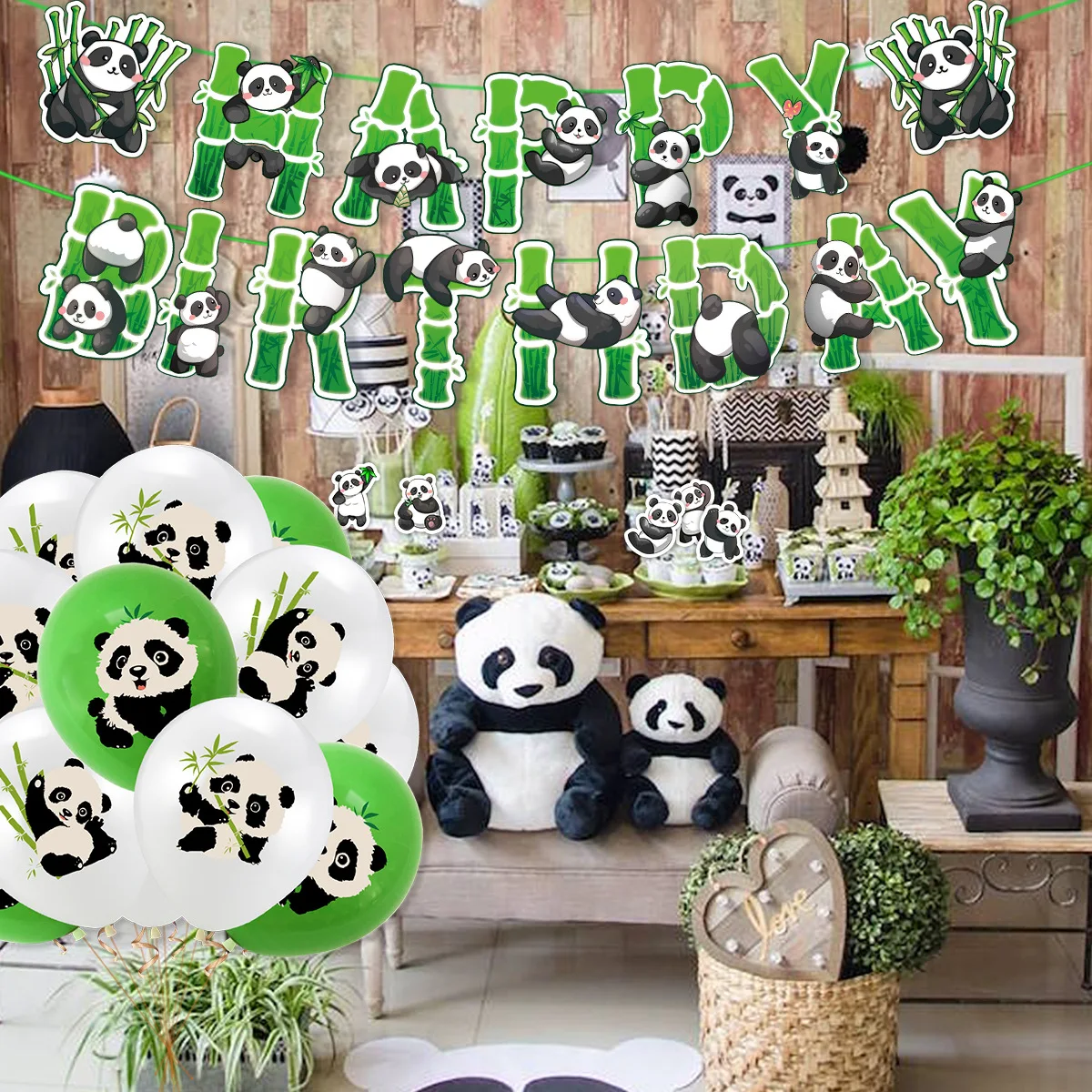 Green Black White Panda theme Birthday Party Bamboo Leaves Banner cake topper latex balloons for Baby 1st 2 3 4 5 6 Year Decor