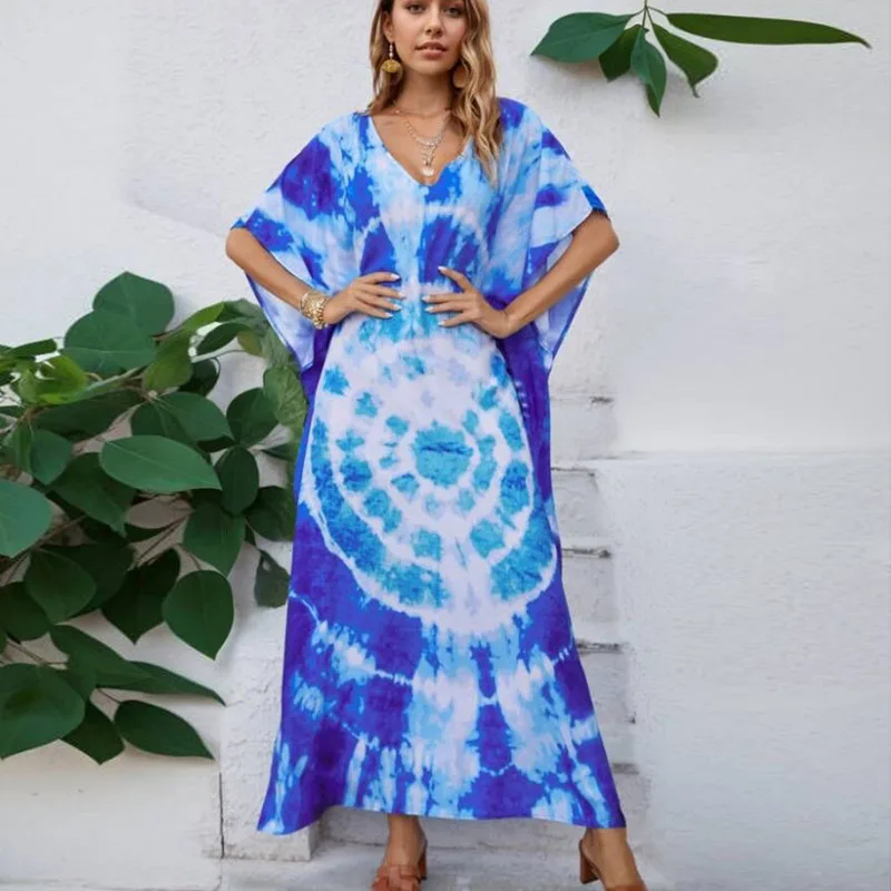 Oversize Ocean Blue Bohemian Printed Kaftan Beach Dress Plus Size Tunic Women Summer Beachwear Half Sleeve Maxi Dress Robe