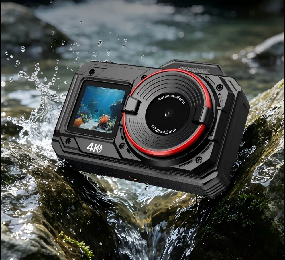 4K Underwater Camera IP68 20M Waterproof Dual‑Screen 18X Zoom WiFi Rugged Sports Camera for Outdoor Snorkeling Vlog Recording
