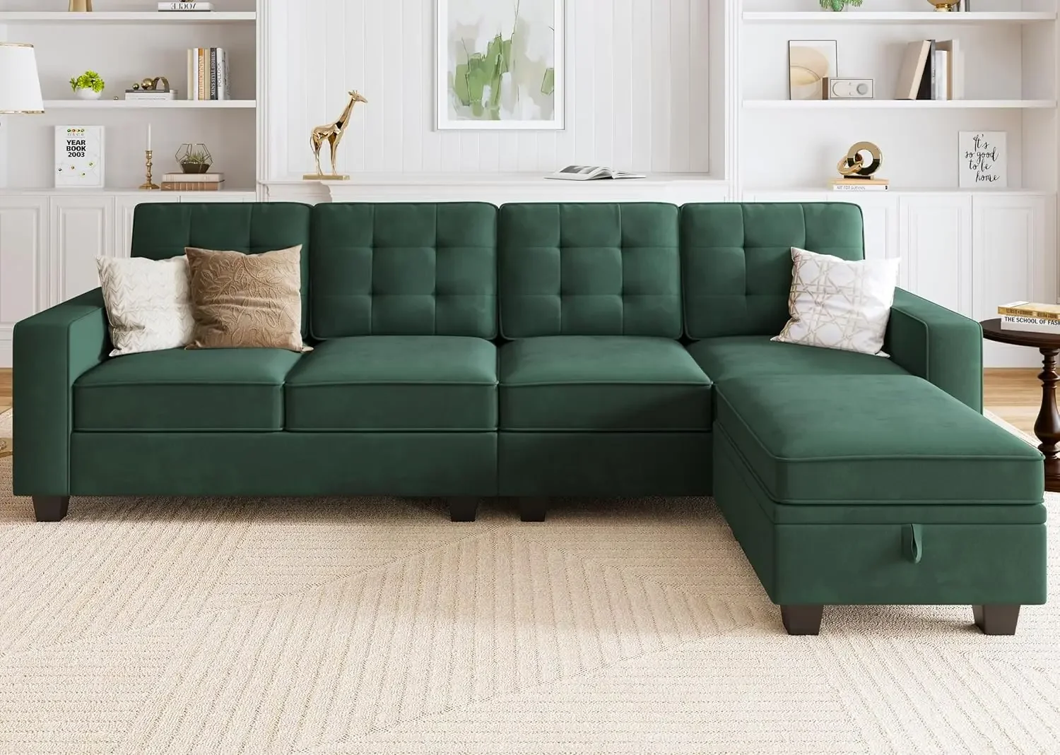 Sofá seccional en forma de L Sofá seccional de 4 plazas de terciopelo con chaise longue reversible para sala de estar, verde