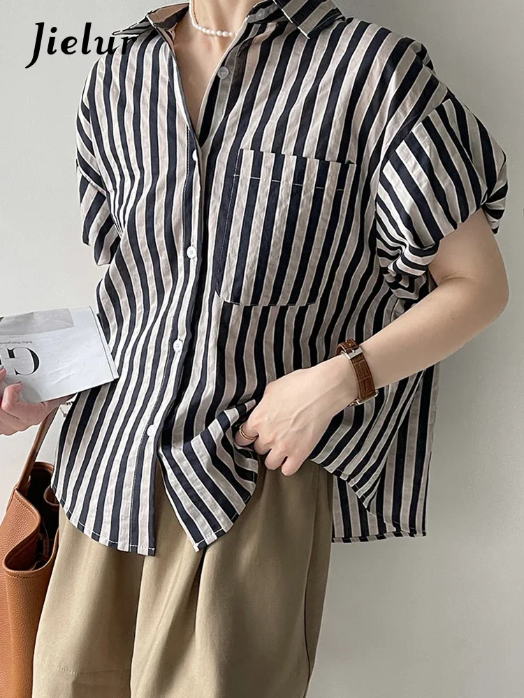 

Jielur Striped Spell Color Polo Women's Shirts Summer Lantern Sleeve Single Breasted Simple Loose Chic Fashion Ins Female Shirts