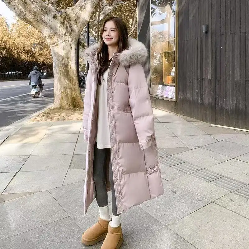 

2025 New Winter Cotton Jacket Women's Over The knee Thicken fur collar Cold proof Hooded Coat Female Warm Long Parka Overcoat