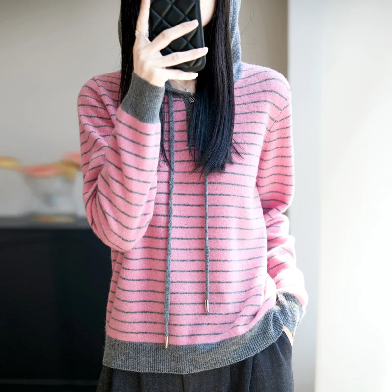 

New Women's Sweater Autumn/Winter 100% Merino Wool Sweater Casual Loose Hooded Collar Pullover Fashion Korean Hot Selling Top