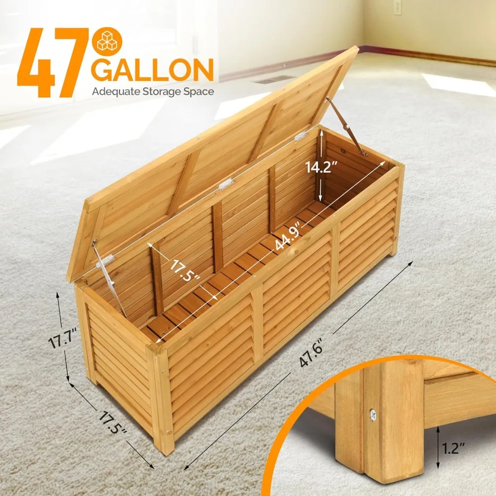 

47 gallon wooden deck box, outdoor tool storage box, mat, patio storage platform container for backyard, porch, garden
