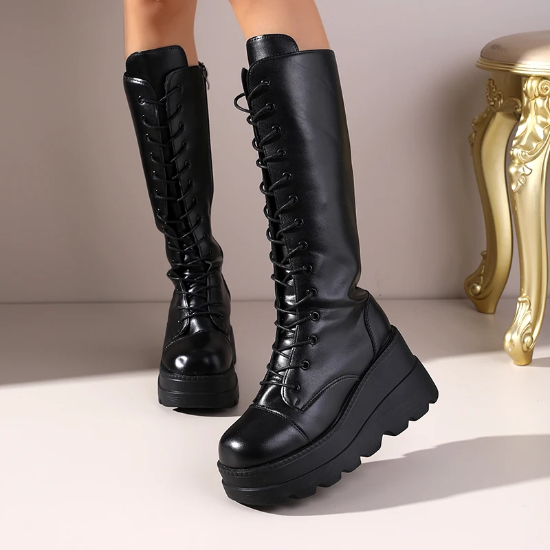 ​ ​ 2025 가을 겨울 신상 여성용 블랙 레이스업 니하이 라이딩 부츠 - 플랫폼 힐 승마 부츠 다리 슬림 효과 롱부츠