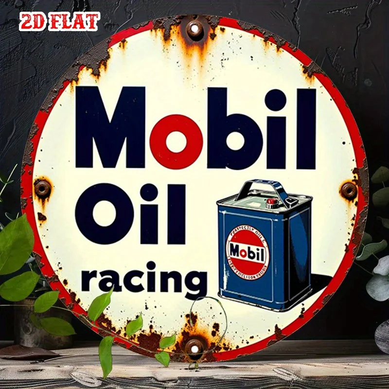 Panneau métallique en aluminium 2D plat, 1 pièce, Vintage Mobil Oil Racing, Art mural rond de Style industriel rustique, 7.87x7.87 pouces, Ga rétro