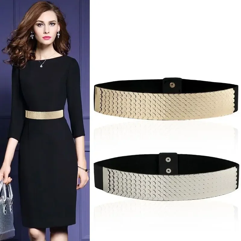 Women \'s Gold Belt and Silver Wide Elastic Women Belt Metal Fish Skin Keeper Brand Cinto Feminino luxury