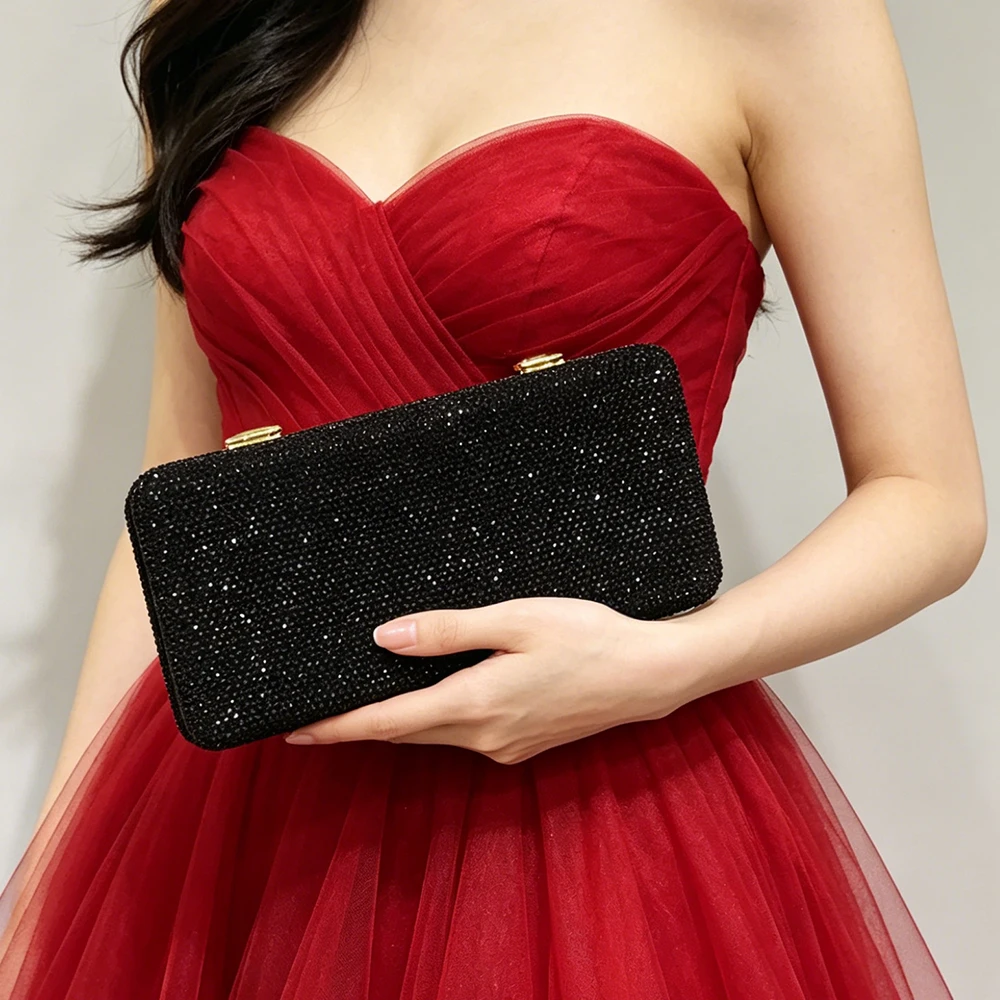 

Women Black Crystal Evening Clutch Bags WHTUOHENG Diamond Handbags Ladies Handmade Rhinestone Wedding Party Dinner Bag